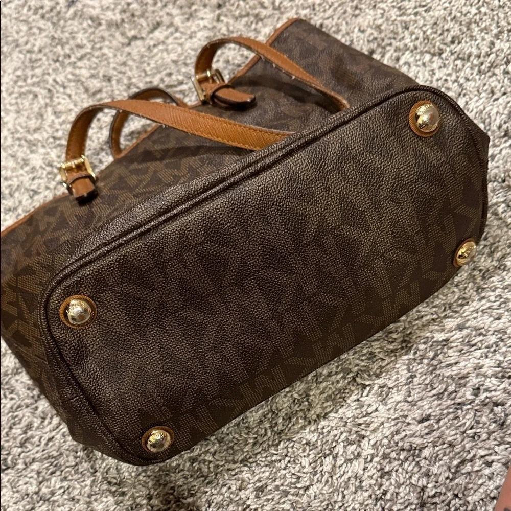 Michael Kors Dark Brown Tote Tan Accents MK gold purse bag designer handbag